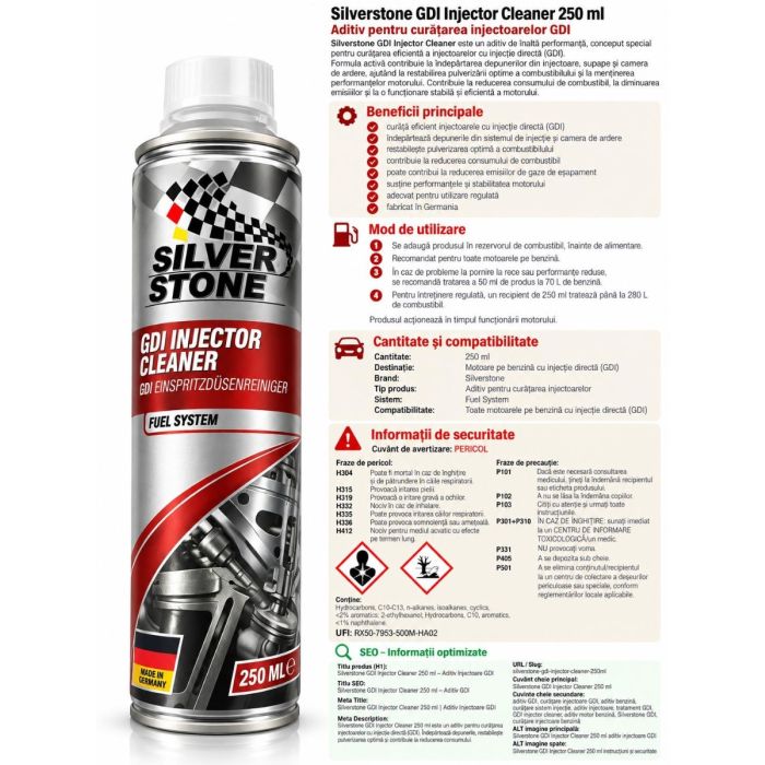 Aditiv curățare injectoare Silverstone 250 ml, pentru motoare pe benzină GDI și convenționale, curățare eficientă